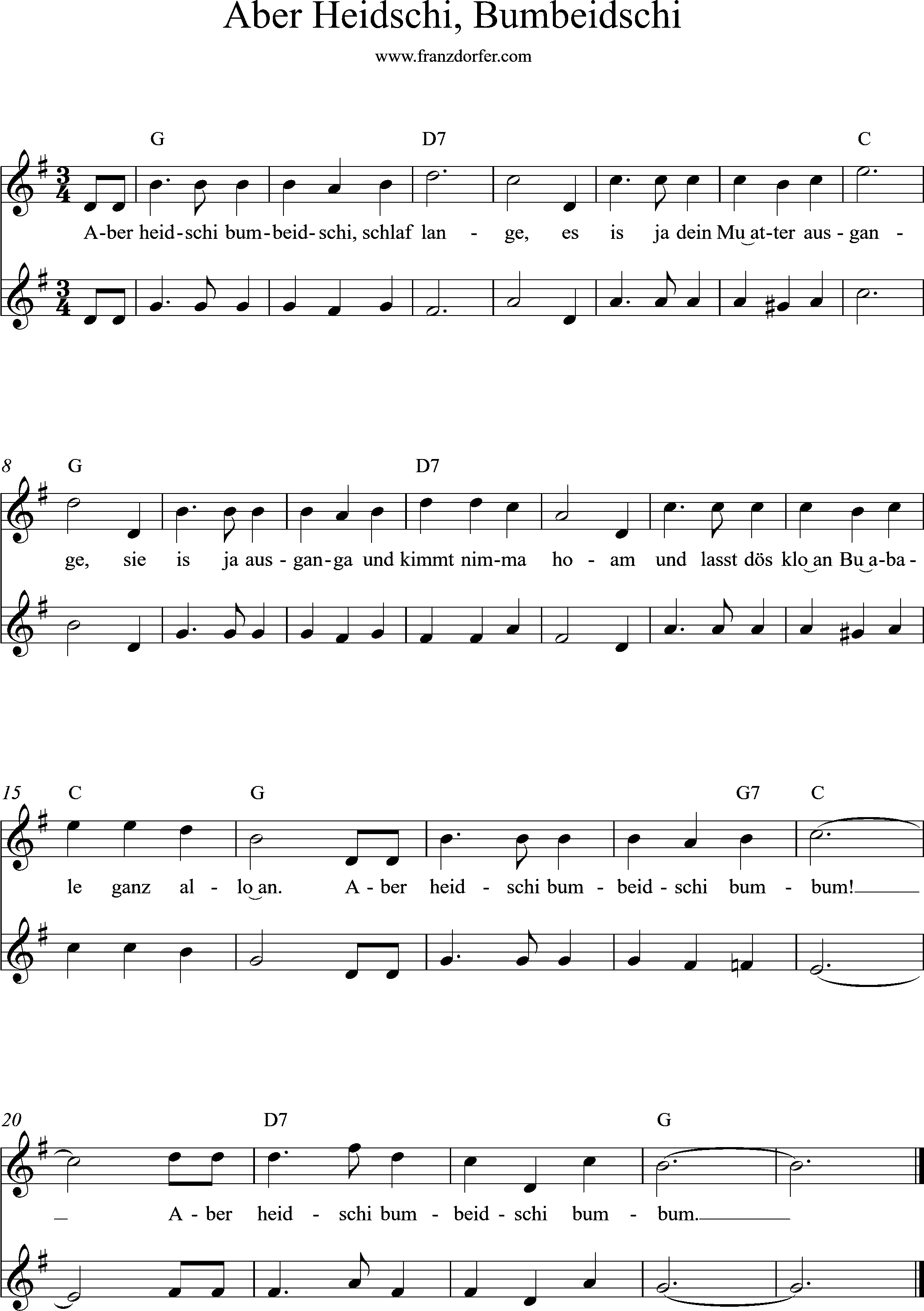 Trompetze, Tenorhoprn- Noten  D-Dur, Heidschi Bumbeidschi